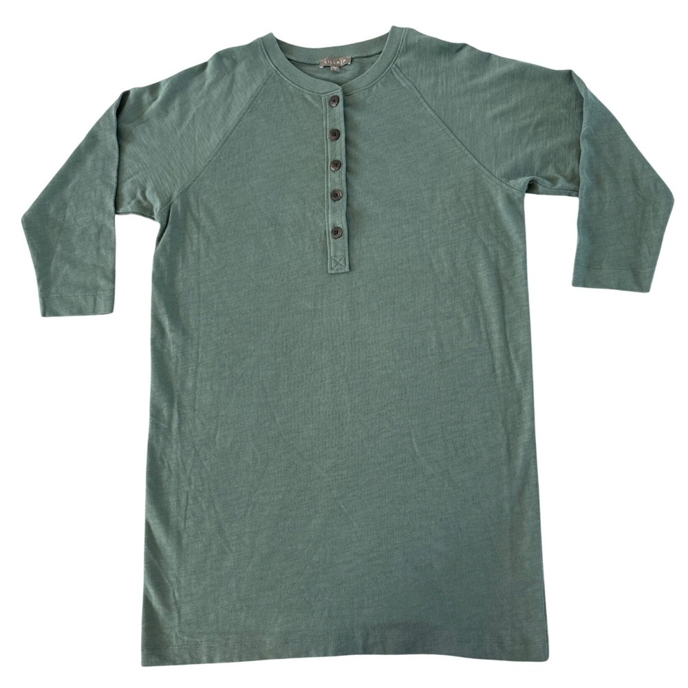 Lilla P Sage Green Cotton Henley Dress 3/4 Sleeve Raglan Slub Jersey Small NWOT